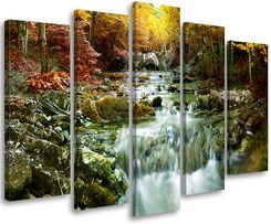 Feeby Obraz 5 Częściowy Na Płótnie Jesień Las Wodospad Skały 200X100Cm Pomarańczowy (26550454)