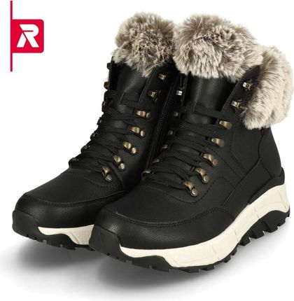 Buty Rieker skórzane wodoodporne botki damskie ocieplane wełną czarne w0063-00 RKR627A