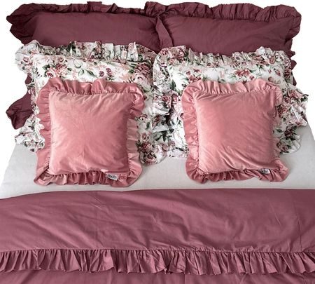 Edanti Pościel Bawełniana Z Falbanką Komplet Kołdra + 6 Poduszek 160x200cm Retro Kwiaty Jasny Róż