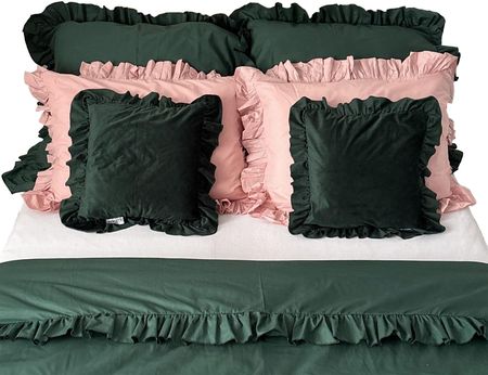 Edanti Pościel Bawełniana Z Falbanką Komplet Kołdra + 6 Poduszek 160x200cm Butelkowa Zieleń Brudny Róż