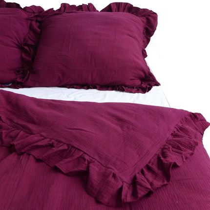 Edanti Pościel Muślinowa Z Falbanką Komplet Zestaw Do Sypialni Bordowa 140x200cm + Poduszka 70x80cm