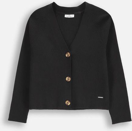 Sweter rozpinany czarny prążkowany z trójkątnym dekoltem