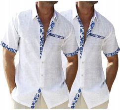 Przewiewna casual męska Koszula Lniana krótki rękaw hawajska Koszula r.4XL