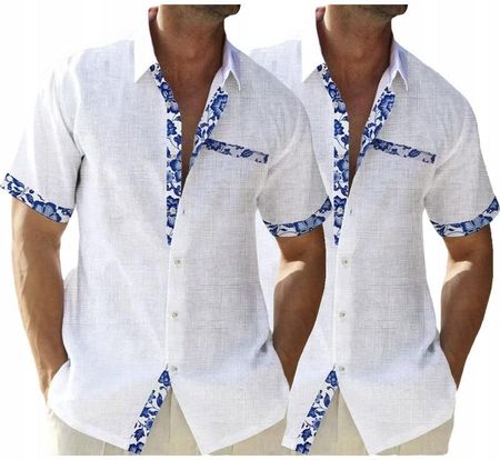 Przewiewna casual męska Koszula Lniana krótki rękaw hawajska Koszula r.4XL