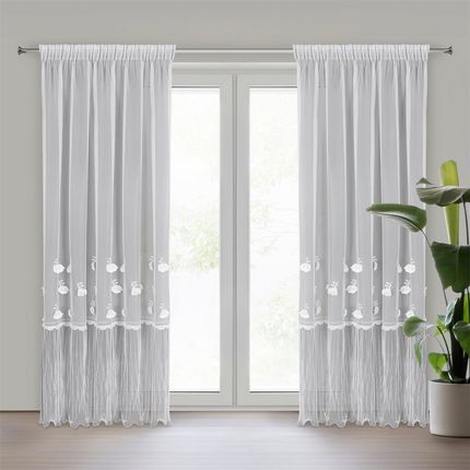 Eurofirany Firana Gotowa Na Taśmie Avril 140X270 Biała Zdobiona Kwiatowymi Aplikacjami Oraz Falbaną