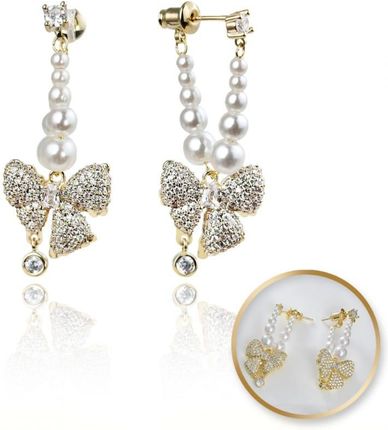 Kolczyki KOKARDY ze stali szlachetnej platerowane 14k złote perły i cyrkonie KST3342