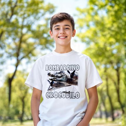 Koszulka biała dziecięca Bombardino Crocodilo viral tiktok brainrot r. 122 - zdjęcie 4