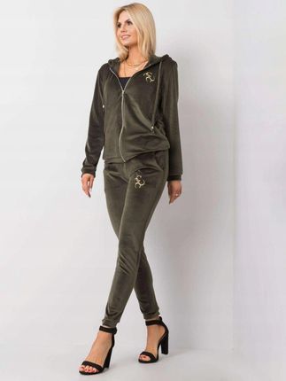Komplet dresowy welurowy rozpinany khaki L/XL - zdjęcie 3