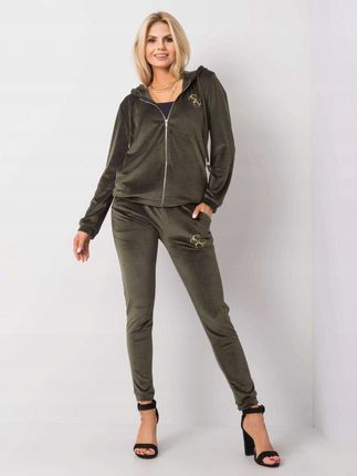Komplet dresowy welurowy rozpinany khaki L/XL - zdjęcie 2