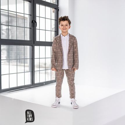 Eleganckie spodnie wizytowe, krata beżowa - zdjęcie 2