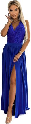 211-7 LEA długa suknia z koronkowym dekoltem - NIEBIESKA, XL