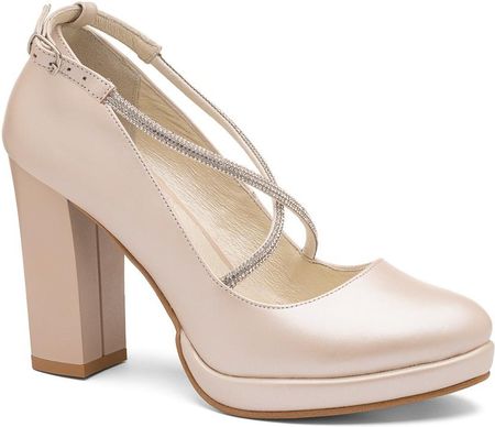 Buty ślubne Pati na platformie skóra z paskami brokatowymi na krzyż beż