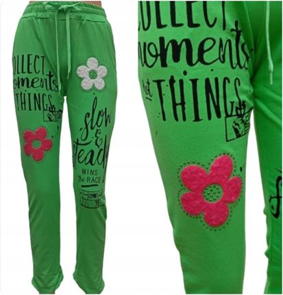 Spodnie DRESOWE damskie wiosenne w kwiaty elastyczne zielone bawełna