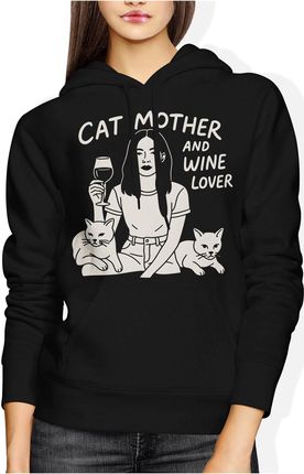 Cat Mother and wine lover Damska bluza z kapturem (M, Czerwony) - zdjęcie 2