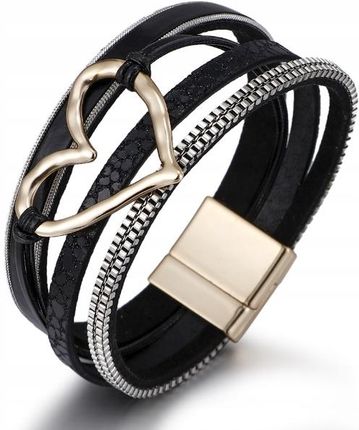 Wielowarstwowa skórzana bransoletka z sercem w stylu boho Czarna