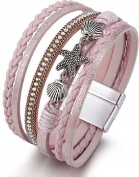 Skórzana bransoletka owijka muszelki i rozgwiazda Różowy