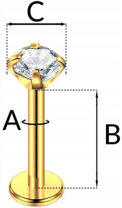 Kolczyk Piercing Złoty Labret z cyrkonią Stal Ch. 316L Lobe Helix 1,2/6/2 - zdjęcie 6