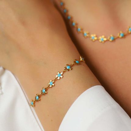 Otien Bransoletka złota turkusowe kwiatuszki ze stali szlachetnej