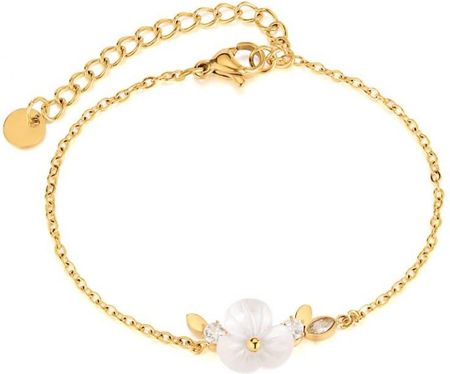 Bransoletka na rękę stal chirurgiczna pozłacana 14k złotem, biały kwiat, cyrkonia BST1516