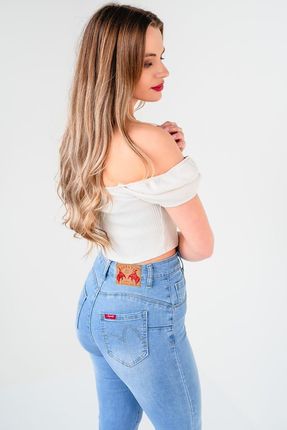 Jeansowe damskie Dzwony push up jasne spodnie flare wysoki stan L - zdjęcie 4