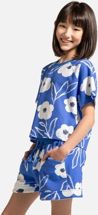 T-shirt z krótkim rękawem kobaltowy z dzianiny strukturalnej z motywem kwiatów