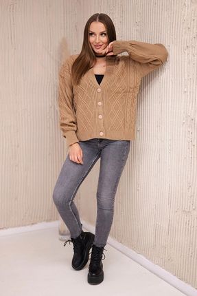 Sweter zapinany na guziki z ozdobnym splotem camelowy - zdjęcie 3