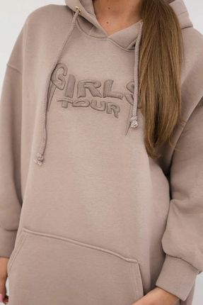 Bluza ocieplana z haftowanym napisem oversize ciemno beżowa - zdjęcie 3