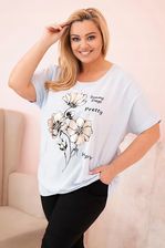 Bluzka damska Plus Size z wiskozy z kwiatowym nadrukiem i napisem niebieska - zdjęcie 1