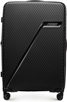 Duża walizka z polipropylenu w ukośne pasy czarno - srebrna