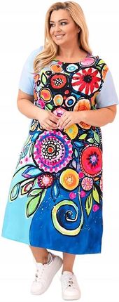 Niebieska sukienka damska PLUS SIZE z krótkim rękawem i kolorowym printem