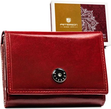 Klasyczny, skórzany portfel damski w czerwonym kolorze zamykany zatrzaskiem i biglem - Peterson