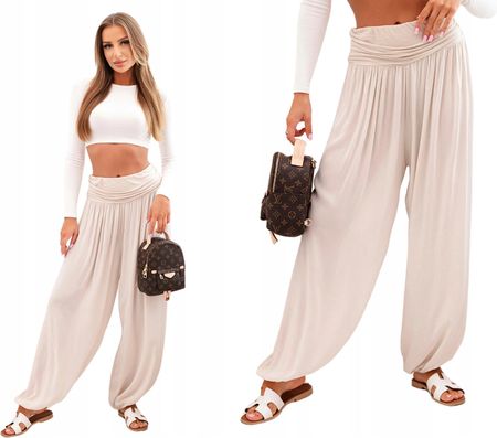 Beżowe spodnie damskie alladynki z szerokimi nogawkami i pasem