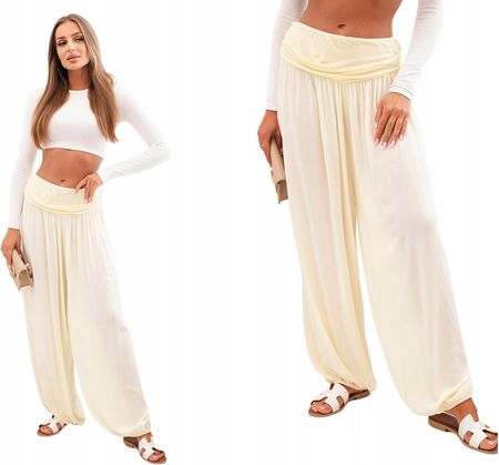 Żółte spodnie damskie alladynki z szerokimi nogawkami i pasem