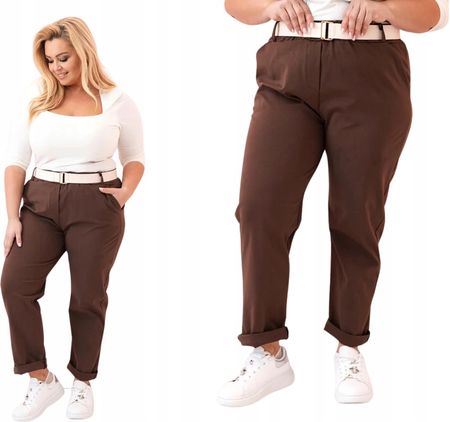 Brązowe spodnie damskie PLUS SIZE z wysokim stanem i paskiem 2XL