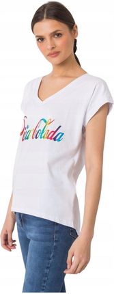 Biały t-shirt, koszulka – kolorowy napis, krótki rękaw, rozmiar L/XL