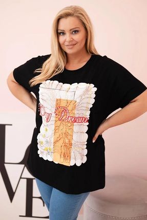 Bluzka damska Plus Size Day Dream oversize czarna bawełna z nadrukiem 4XL