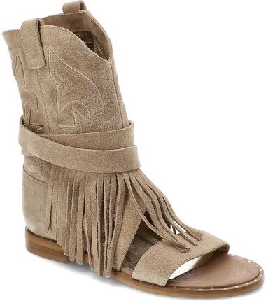 Beżowe Botki Carinii Stylowe Sandały Damskie Z Frędzlami