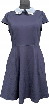 Louche Sukienka do Kolana Wygodna Stylowa z Kołnierzem Granatowa S