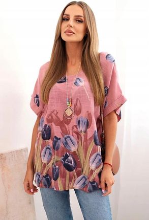Koszula Damska Bawełniana Ciemnoróżowa Tulipany Oversize 100% Bawełna S M L