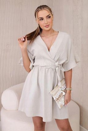 Sukienka Damska Muślinowa Beżowa Letnia Taliowana Kopertowa S M L