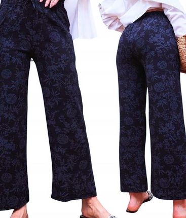 Spodnie Letnie Damskie Szeroka Nogawka Luźne Kwiaty XL/2XL GRANATOWE