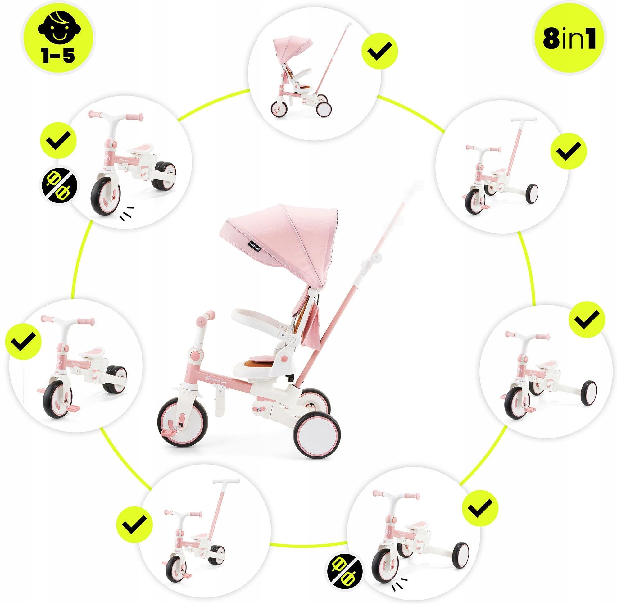 HyperMotion 8-in-1 babydriewieler – 360° draaibare zitting, lekvrije EVA- wielen, opvouwbaar, comfortabel en veilig – Tobi Forest