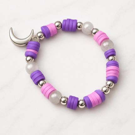 Pracownia Quenia Bybociek.Pl Bransoletka Heishi z zawieszką księżyca – różowo-fioletowa boho z koralikami.