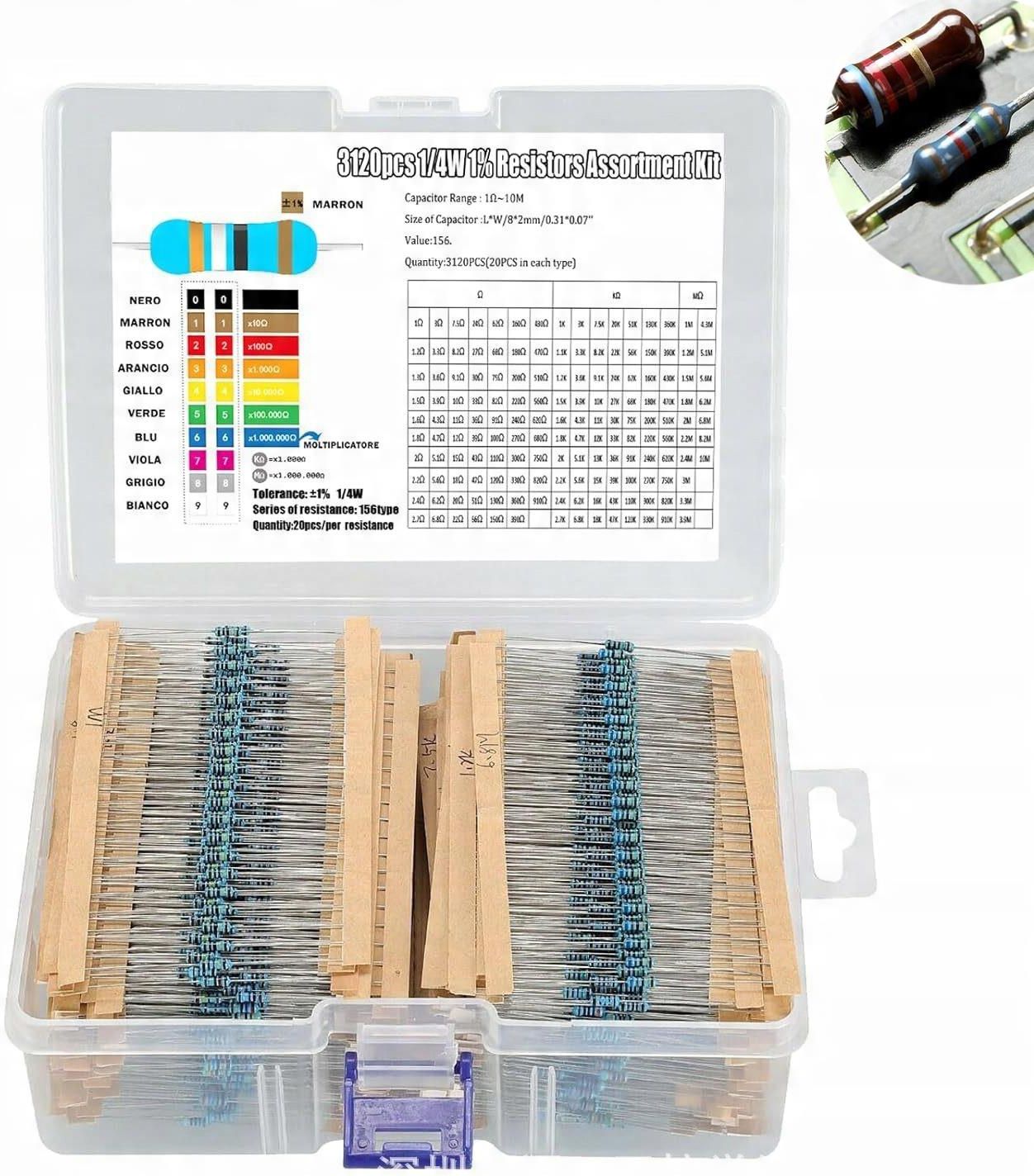 3120pz Kit Assortimento Resistenze 1/4W 156 Valori Da 1 Ohm A 10M - Foto 5