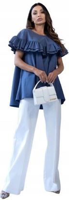 Bluzka damska niebieska 'Flounce' MCO-fason oversize, falbany, krótki rękaw