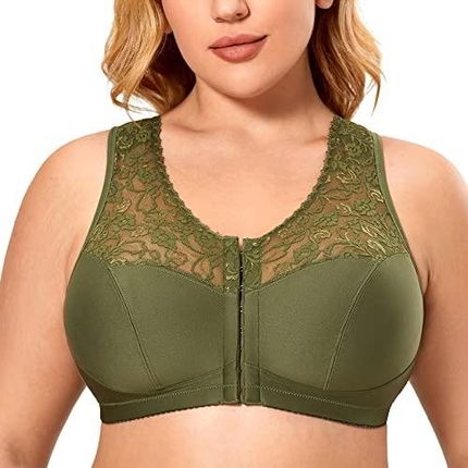 DELIMIRA Biustonosze Damskie Zapinane Z Przodu Racerback Plus Size Bezprzewodowe Koronkowe Biustonosze Z Pełnym Pokryciem Szczypiorek 95F [esnt]