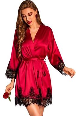 RSLOVE Damski satynowy szlafrok koronkowy wykończenie kimono szlafrok jedwabny szlafrok dla panny młodej/druhny, czerwony (wine red), XL [esnt]