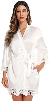 RSLOVE Damski satynowy szlafrok koronkowy wykończenie kimono szlafrok jedwabny szlafrok dla panny młodej/druhny, biały, L [esnt]