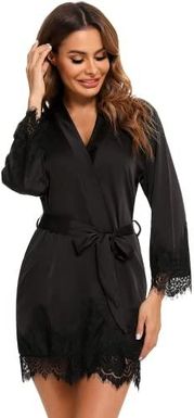 RSLOVE Damski satynowy szlafrok koronkowy wykończenie kimono szlafrok jedwabny szlafrok dla panny młodej/druhny, Czarny, S [esnt]