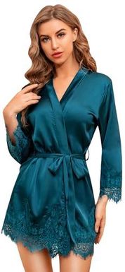 RSLOVE Damski satynowy szlafrok koronkowy wykończenie kimono szlafrok jedwabny szlafrok dla panny młodej/druhny, Niebieski, zielony, XXL [esnt]